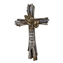 Wall Cross with Praying Hands on Driftwood - Rustic Golden Bronze Tone Crucifix - Christian Wall Art, Spiritual Wall Decor, Decorative Jesus Cross Sculpture, Religious Wall Hanging Art