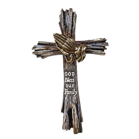 Wall Cross with Praying Hands on Driftwood - Rustic Golden Bronze Tone Crucifix - Christian Wall Art Spiritual Wall Decor Decorative Jesus Cross Sculpture Religious Wall Hanging Art