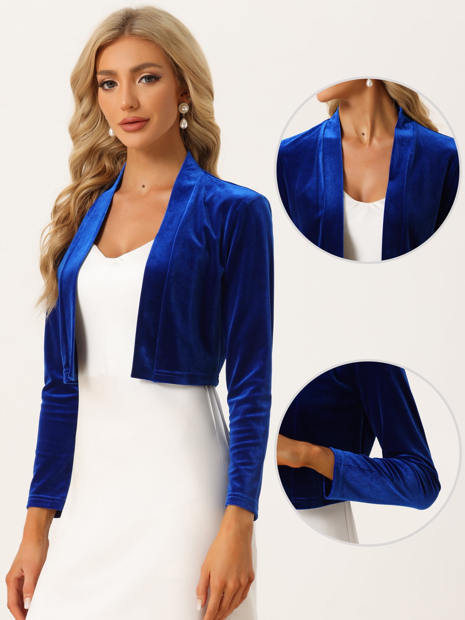 Unique Bargains Women's Halloween Costume Velvet Shrugs Open Front Cropped Bolero Jacket L Royal Blue