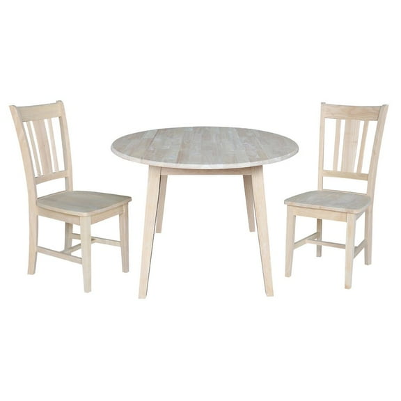 42" Round Solid Wood Dual Drop Leaf Table with 2 Chairs in Unfinished
