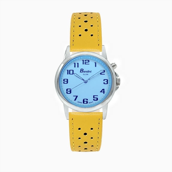 Bandini Mens Glow Watch - Extra Long Leather Rally Strap - 38mm Analog Men's Easy to Read Watch with Light, Light Up Watches, Quartz, White Dial, Big Numbers, Glow in Dark Hands - Silver Tone / Yellow