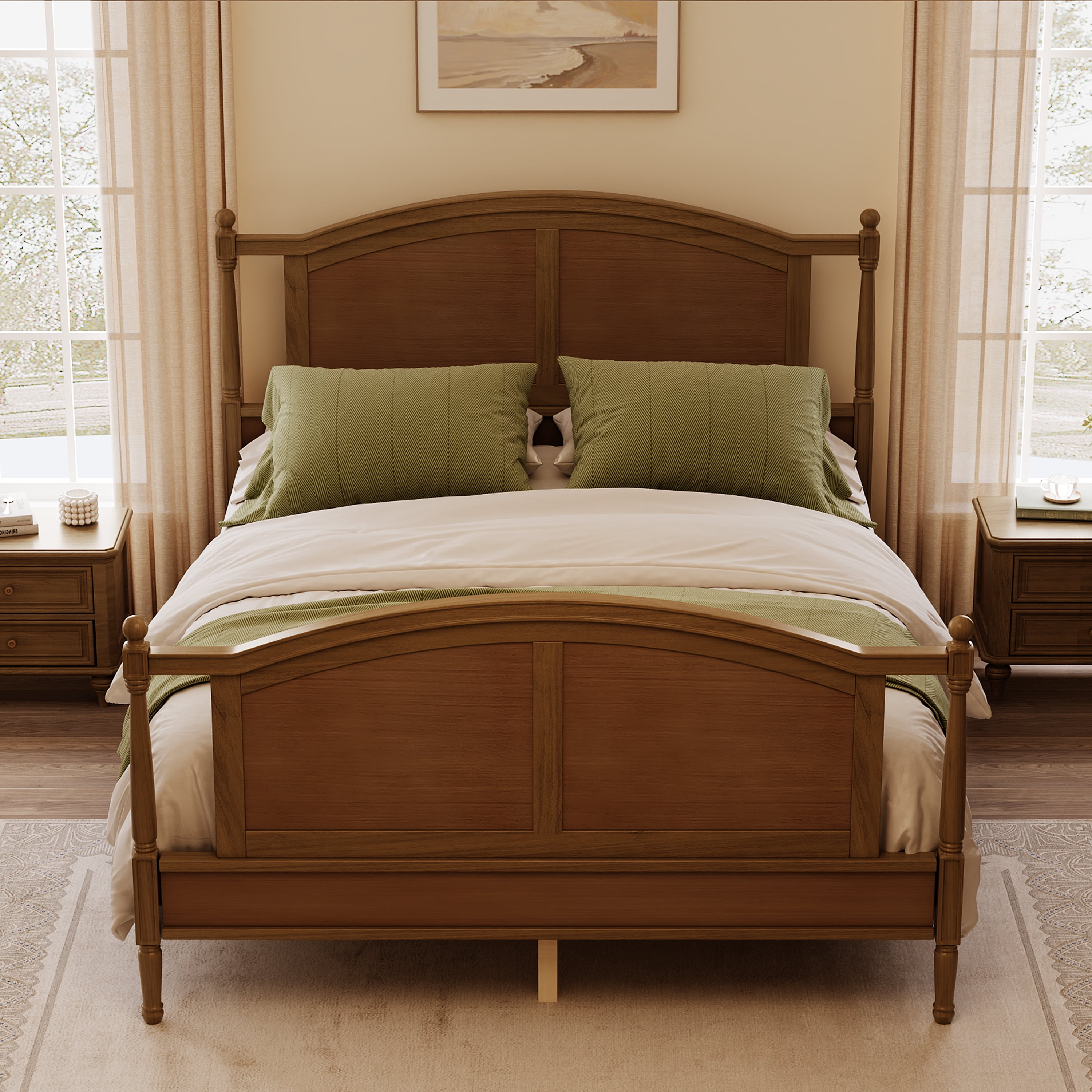 Euroco Wood Queen Size Platform Bed, Traditional Farmhouse Style Bed with Arched Panel Headboard and Spindle Posts, No Box Spring Needed, Walnut