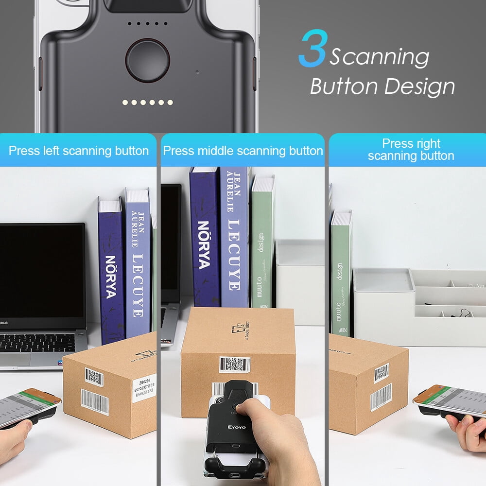 Eyoyo QR Code Scanner Bluetooth Wireless Barcode Scanner Phone Back Clip 1D 2D EAN UPC PC Warehouse Inventory Reader