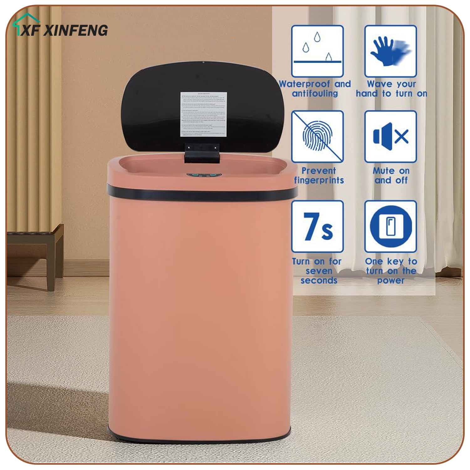 XF XINFENG 13 Gallon 50 Liter Garbage Can Kitchen Trash Can with Lid Automatic Sensor Touch Free Stainless Steel Waste Bin for Bathroom/Bedroom/Home/Office, Pink