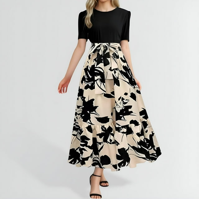 Summer Dresses for Women 2025 Floral Print Wrap Short Sleeve Maxi Patchwork Ruffle A Line Maxi Dress Khaki XXL