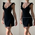 thumbnail image 4 of Douhoow Women Sleeveless Ruffled Dress Deep V Neck Tie-Up Slit Hem Slim Fit Mini Dress, 4 of 5
