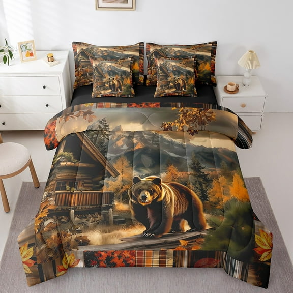 Erosebridal 3D Bear Bedding Twin Size, Rustic Farmhouse Bedding Sets Twin Size, Jungle Wildlife Reversible Comforter Sets with Sheets, Microfiber Bedroom Decoration, 7pcs