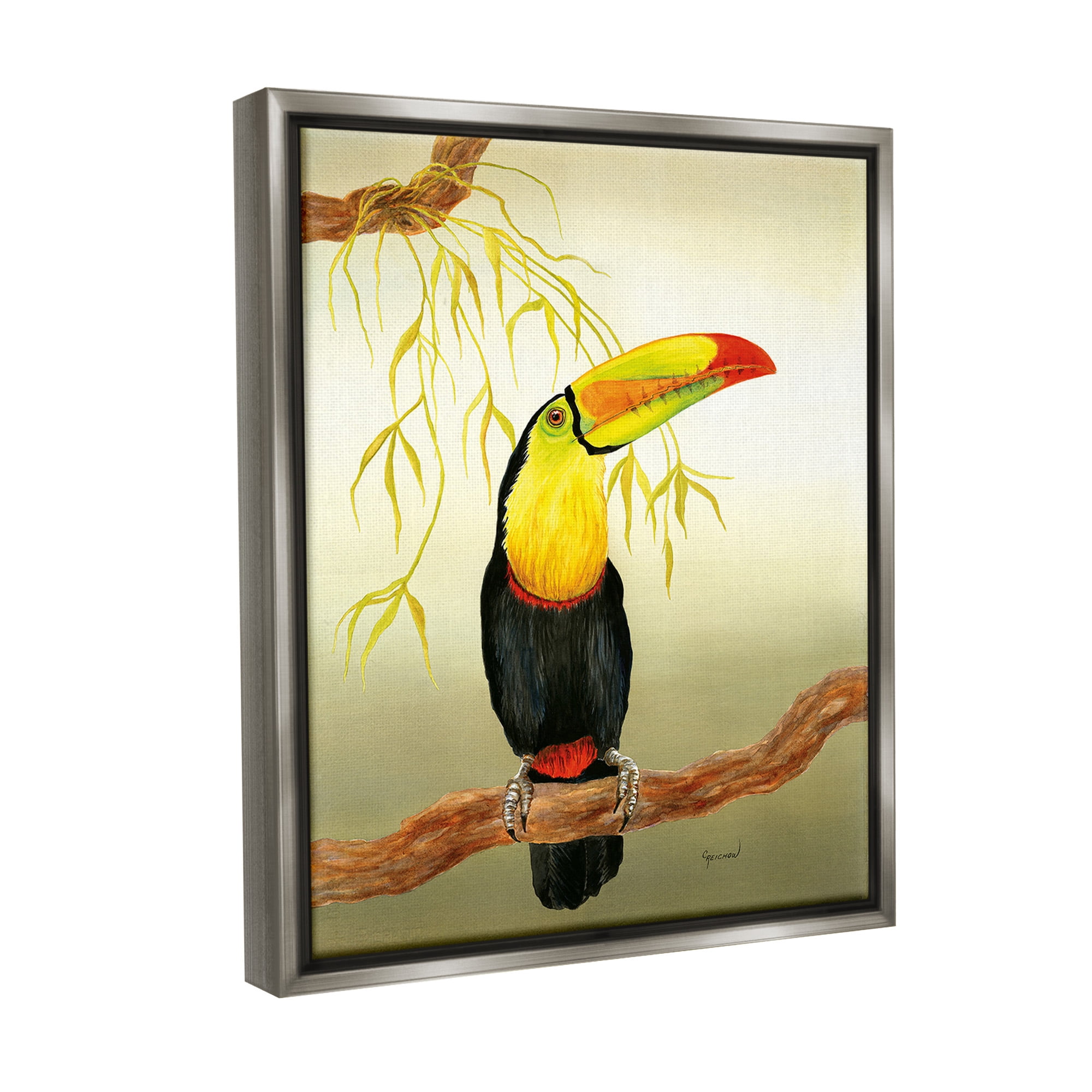 Stupell Industries Toucan on Forest Branch Animals & Insects Painting Gray Floater Framed Canvas Art Print Wall Art, 25 x 31