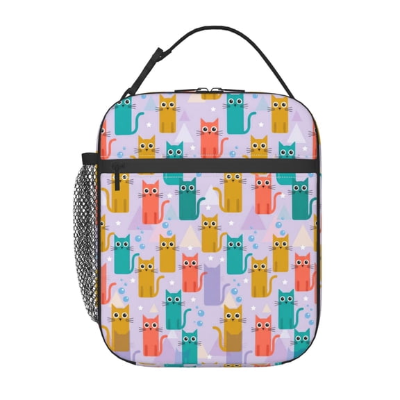 Cat Lunch Bag Cute Multi-colored Cats Insulated Leakproof Thermal Reusable Bag With Buckle Handle For Work Office Travel Picnic