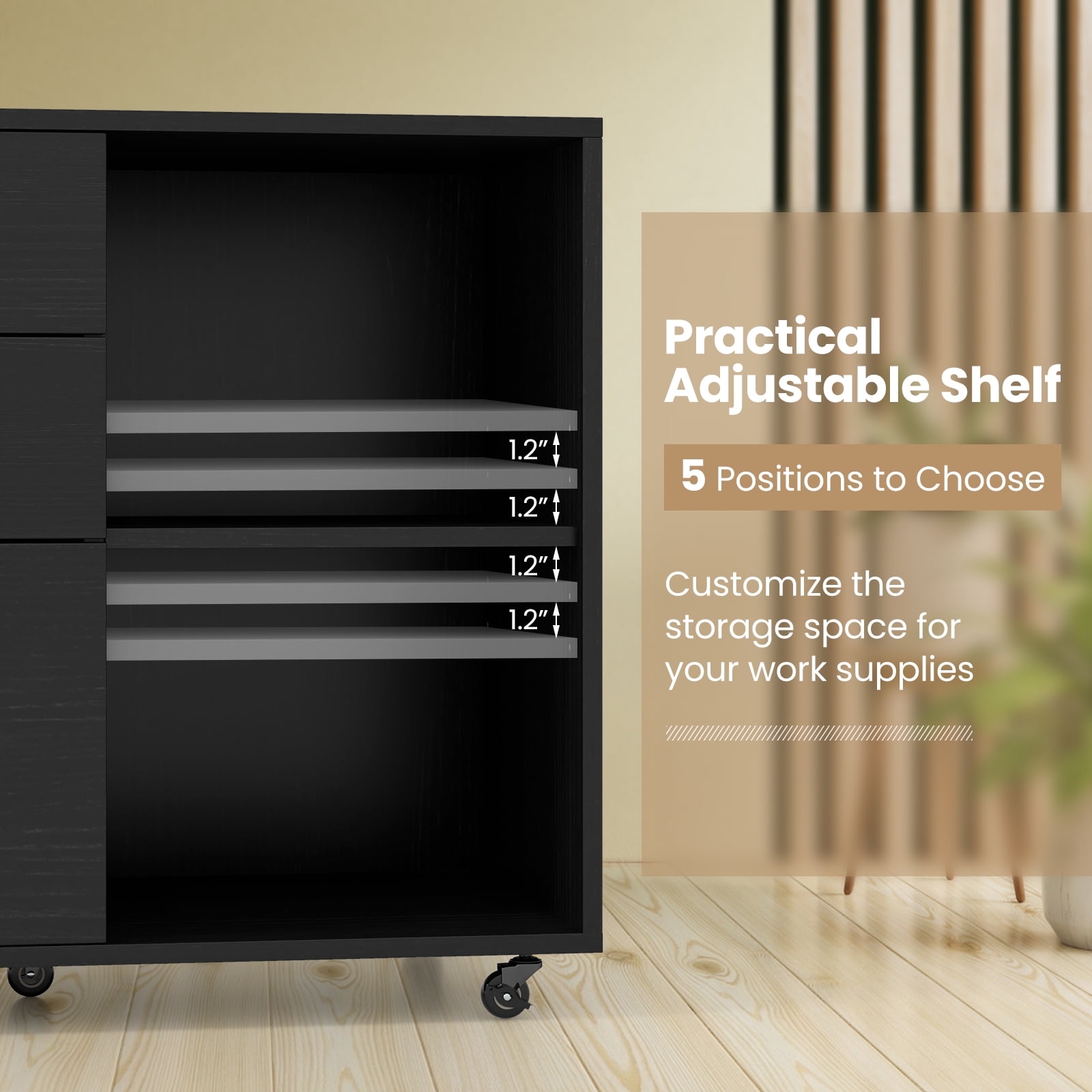 Giantex Rolling File Cabinet, Lateral Filing Cabinet w/Open Storage Shelves, Under Desk Storage Organizer, Mobile Printer Stand, Black