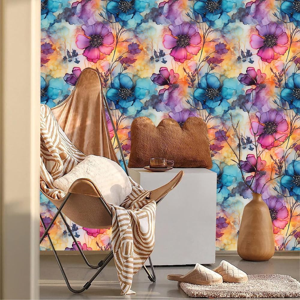 Pink Blue Watercolor Abstract Modern Flowers Peel and Stick Wallpaper Contact Paper Vintage Vinyl Stick on Wall Paper for Bedroom Bathroom Kitchen Cabinet Renter Friendly