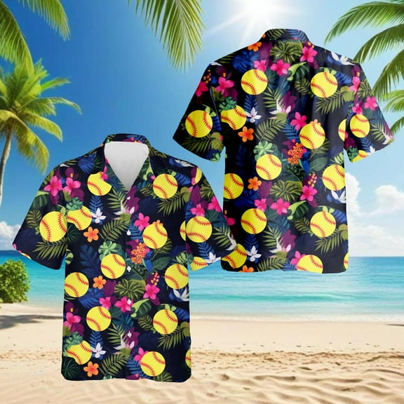 Softball Hawaiian Shirt for Men, Hibiscus Button Down Summer Beach Short Sleeve, Softball Lover Gifts, S-5XL