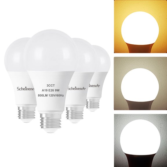 A19 3-Color LED Light Bulbs with Warm White, Daylight, Natural White, Color Changing Light Bulb, 9W (60 Watt Equivalent), 800 Lumen, E26 Standard Base,CRI 80+, ETL FCC Listed, 4 Pack