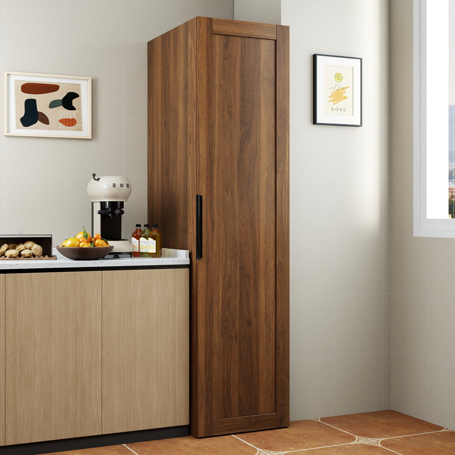 Kitchen Pantry Cabinet Freestanding Buffet Cupboard with Adjustable Shelves Side Racks, Brown