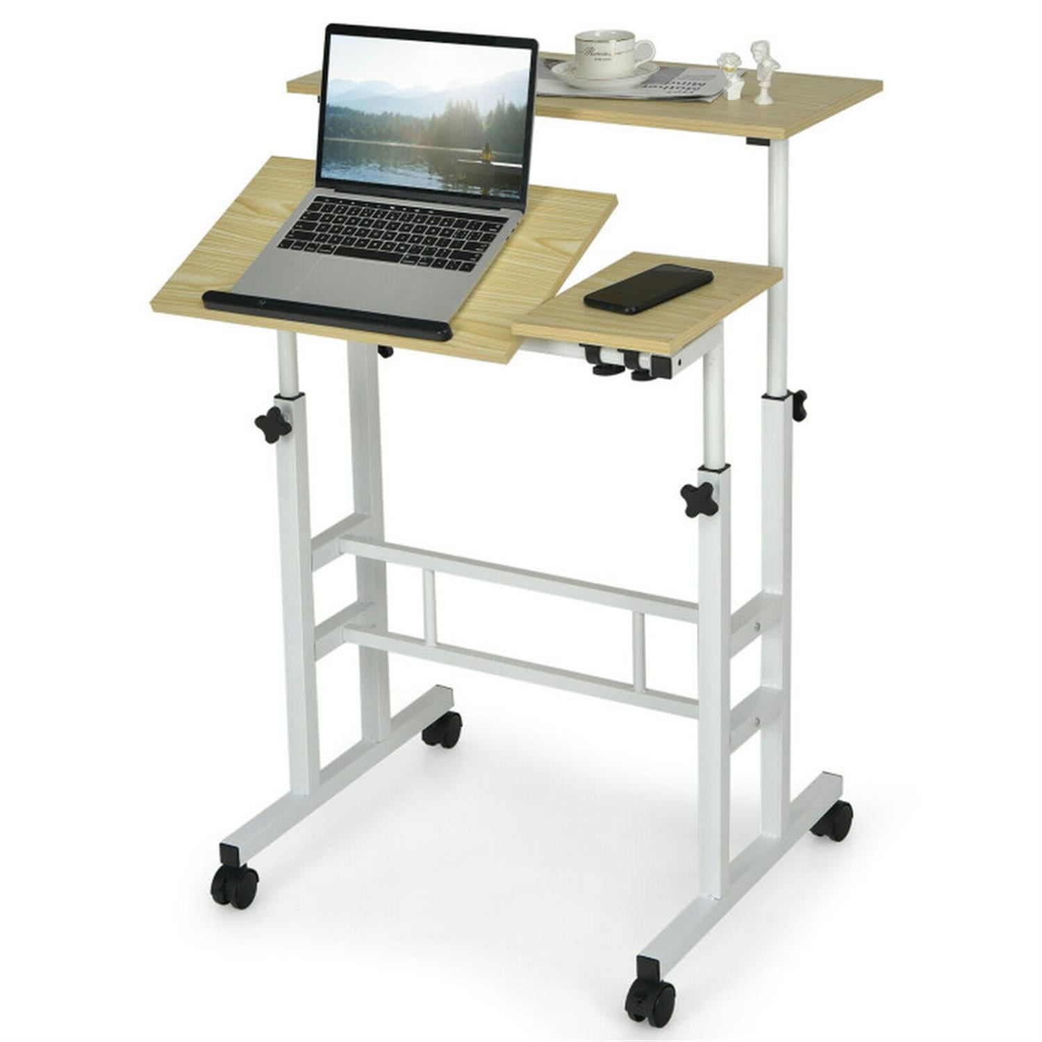 Demi Bonn Mobile Stand up Computer Desk with 2 Tilting Desktops, Laptop Workstation for Laptops, Books, Tablets, and Art, Beige