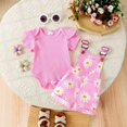 thumbnail image 4 of TZEWGL Summer Outfit Set Pure Color Short Sleeve Romprer With Printed Overalls Adjustable Straps Floral Print Jumpsuit For Baby Toddler Girls size 3-6M, 4 of 8