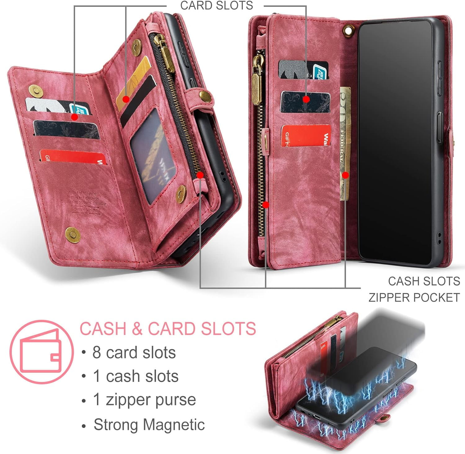 Phone Case for Samsung Galaxy A13 5G Zipper Wallet Detachable Cover with Tempered Glass Screen Protector and Flip Card Holder Cell Accessories Gaxaly A 13 G5 2022 13A A135G SM A136U Men Red