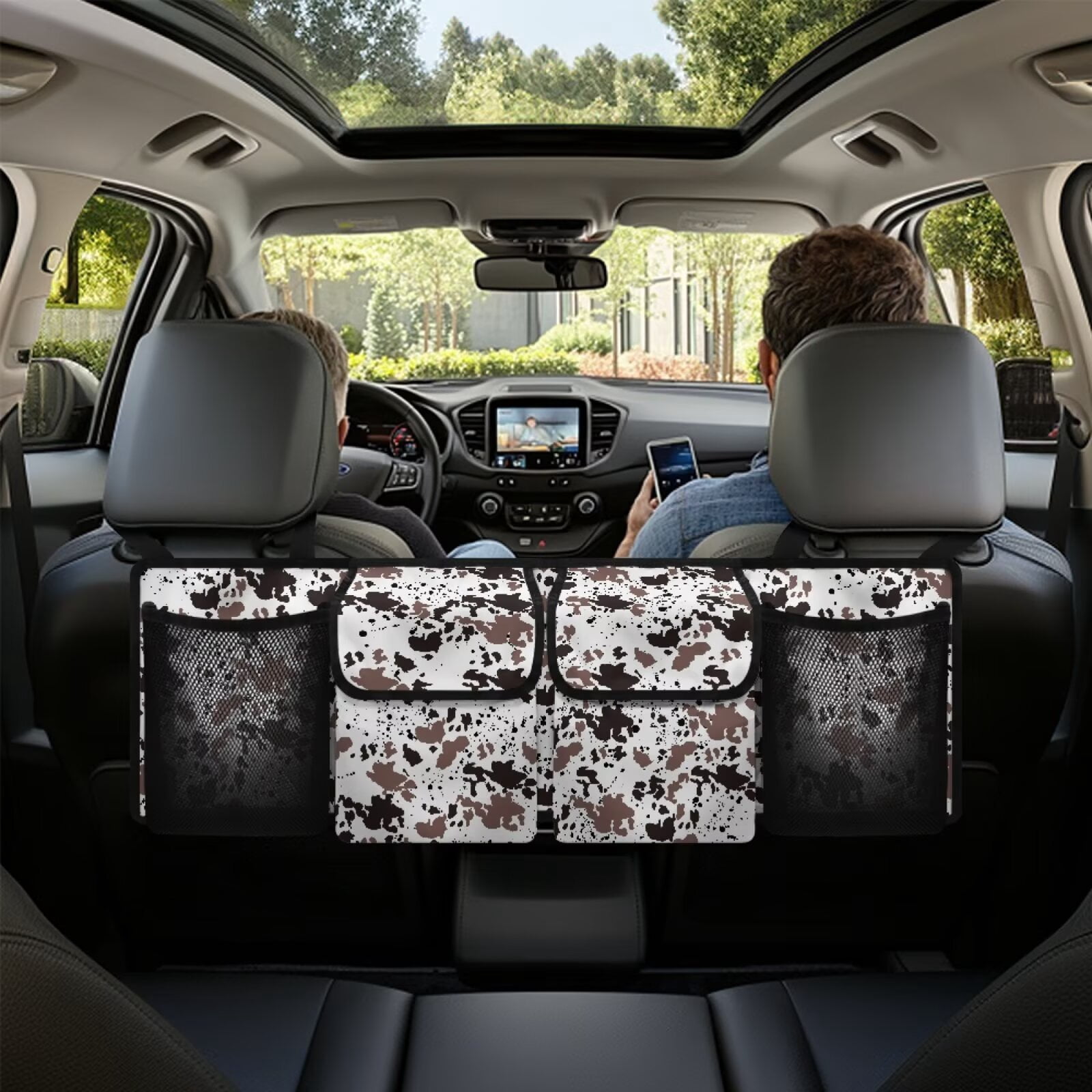 KUIFORTI Small Trunk Organizer Bag Cow Print Car Backseat Trunk Organizer - Auto Hanging Seat Back Storage - Multipurpose Cargo Accessory - Space Saving Facilitator for SUV, Hatchback, Crossover, Van