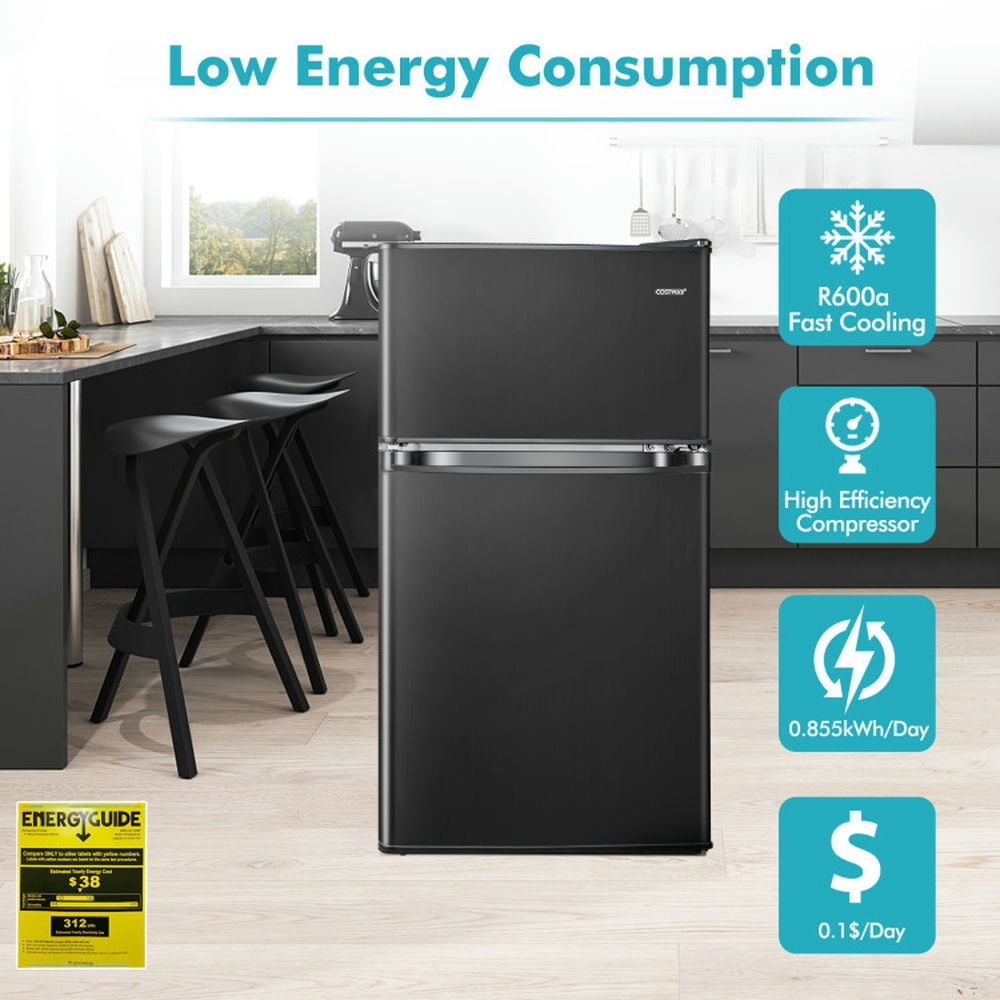 Topcobe 3.2 Cu. Ft Compact Mini Fridge with 5 Temperature Settings, Double Door Mini Fridge with Freezer for Bedroom Office or Dorm - Black