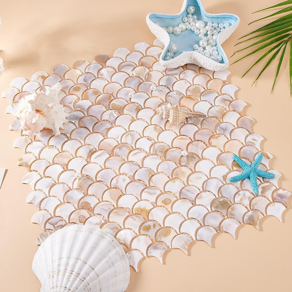 2 Pcs Self Adhesive Wall Tiles 12.4x12.2 Inch Mother of Pearl Fishscale Tiles Peel and Stick Backsplash Shell Tiles for Kitchen Wall Bathroom Bedroom Decor for DIY