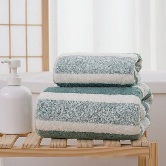Kugisaki Corals Fleece Stripes Bath Towel Set Lightweight Absorbent Fluffys Quicks Dry Towel for Travel Vacation Fitness and Yoga