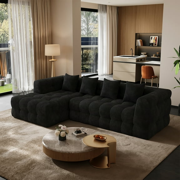 Wiilayok 120" Boneless-Couch L-Shaped Sofa for Living Room, Cloud Couch with Chaise Lounge, 2 - Piece Sectional Upholstered Chenille Deep Seat Couches with 4 Pillows, No Assembly Required, Black