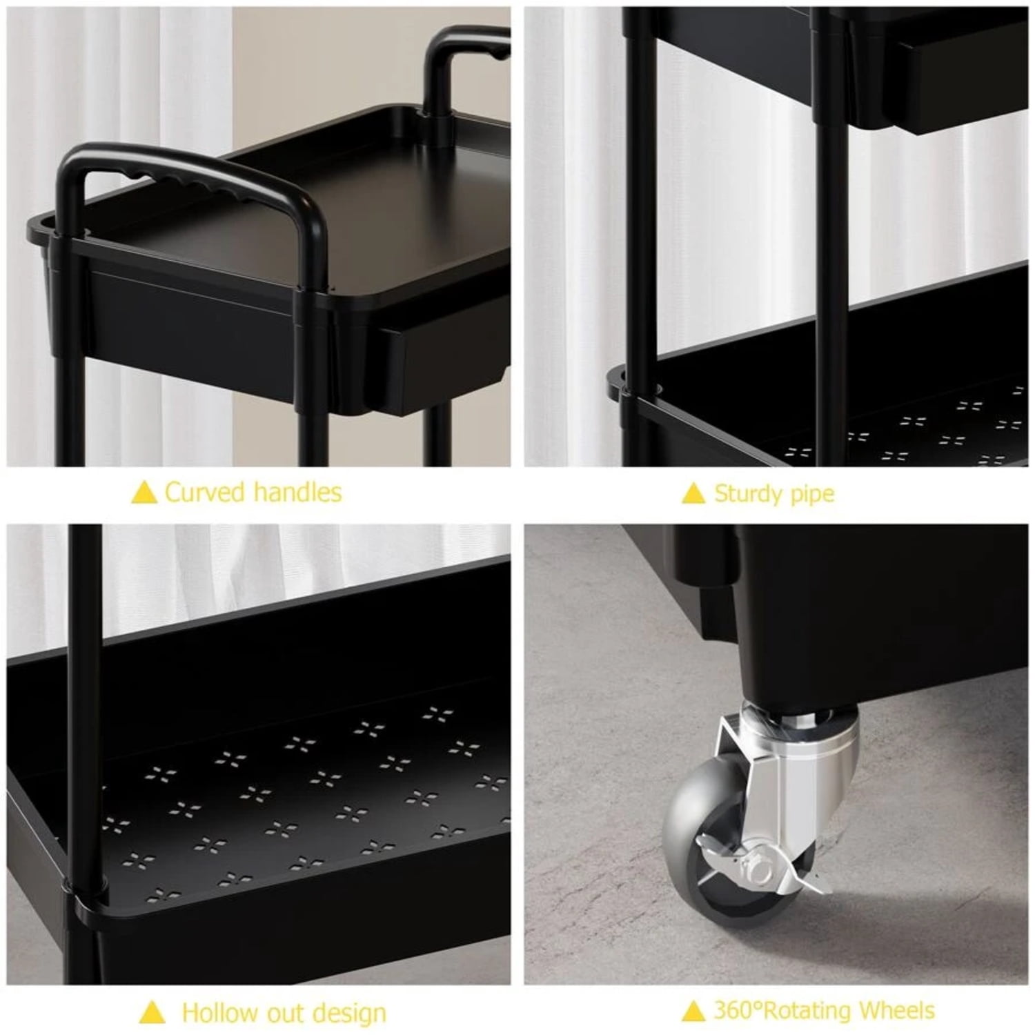 NTGFU 4 Tier Black Rolling Utility Cart with Drawer, Utility Cart Made Of Multifunctional Storage Organizer Tool for Kitchen,Bathroom,Living Room,Office Outdoor Decor