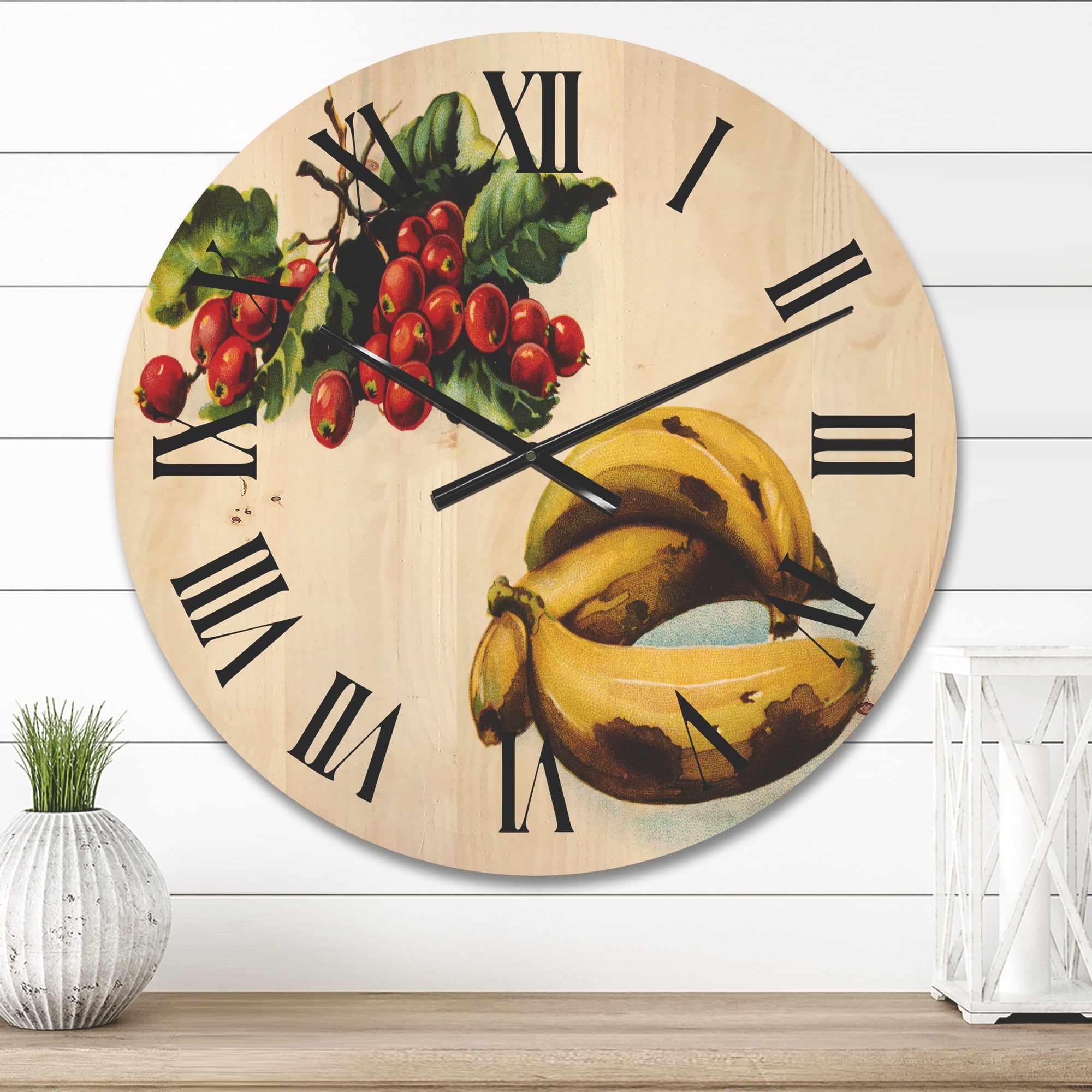 Designart 'Red Berries and Banana' Farmhouse Wood Wall Clock
