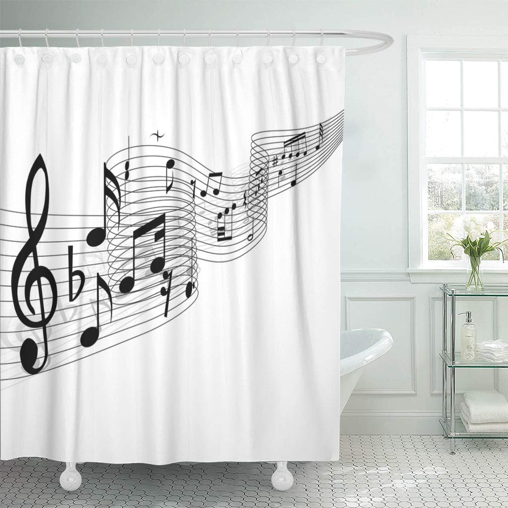 Music Notation Tree Polyester Waterproof Bathroom Fabric Shower Curtain 12 Hook 