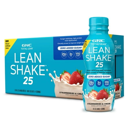 GNC Lean Shake 25 Protein Shake, Meal Replacement, Strawberries and Cream, 25g Protein, Clinically Proven Weight Management, Ready To Drink, Zero Added Sugar, 14 oz Bottles, Pack of 12
