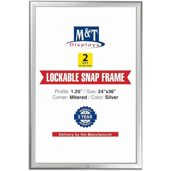 M&T Displays 24x36 Inch Silver Aluminum Lockable Snap Frame, 1.25" Profile, Wall Mounting, Front-Loading Poster, Picture, Certificate, Document Frame with Anti-Glare Cover (2)
