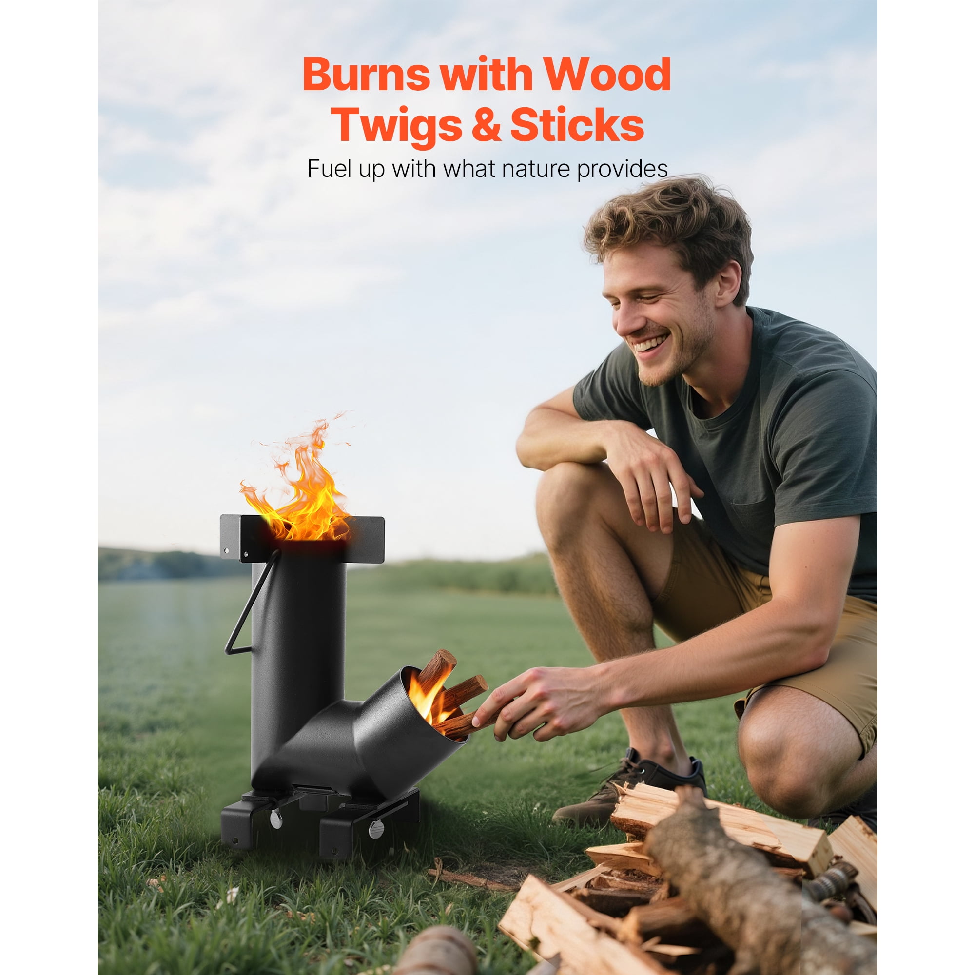 KFFKFF Portable Camping Rocket Stove, Carbon Steel Wood Burning Stove with Carrying Bag for Outdoor Cooking, Backpacking, Heating, and Backyard Use, Burns Wood, Twigs, or Sticks, Black