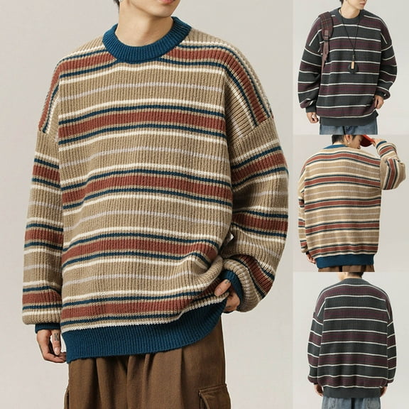WAENQINLA Y2k Striped Sweater for Men Vintage Aesthetic Oversized Knitted Pullover Tops Long Sleeve Crewneck Knitwear Top Khaki XXL