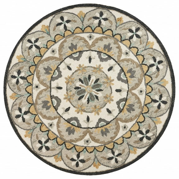 6â€™ Round Gray and Ivory Floral Bloom Area Rug