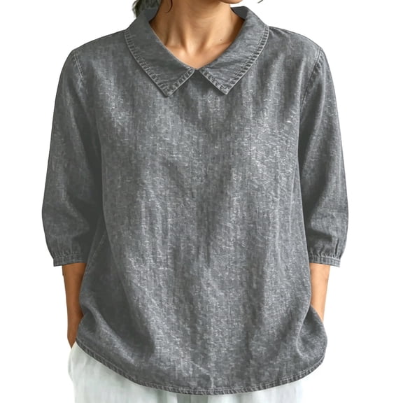 DHFJKG Polo Shirts For Women Breathable Linen Half Sleeve Turndown Collar Solid Color Loose Fit Basic Top Summer Comfy Tops