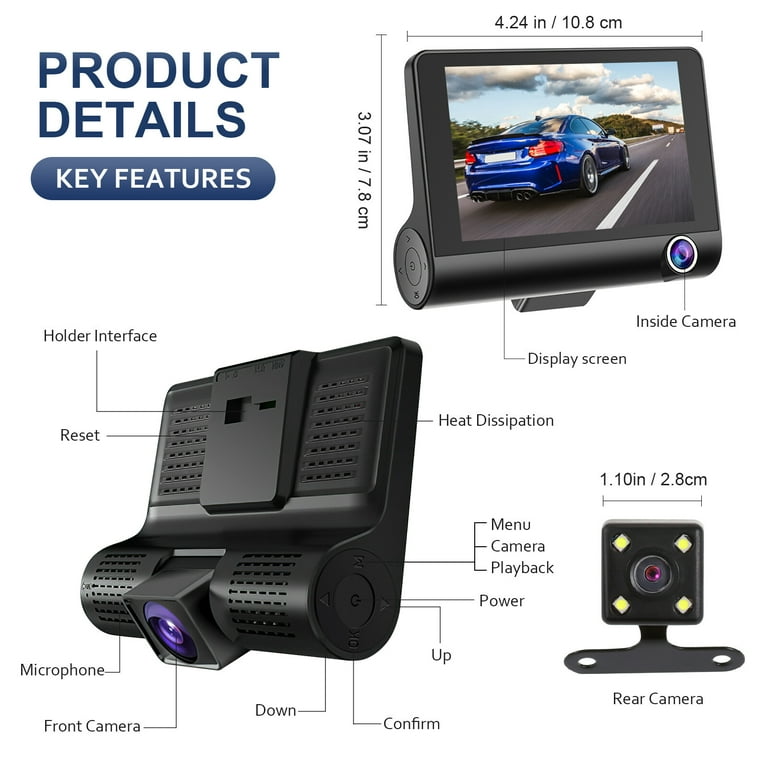 3 Channel Dash Cam Front and Rear Inside, 1080P Dash Camera for Cars, Dashcam  Three Way Triple Car Camera with IR Night Vision, Loop Recording, G-Sensor,  Parking Monitor, 24 Hours Recording 