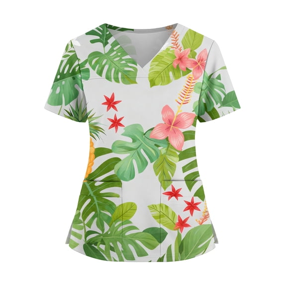 Scrub Tops for Women Short Sleeve Vneck Stretch Holiday Scrub Shirt Cute Floral Print Nursing Workwear with 2 Pockets Green XXXL