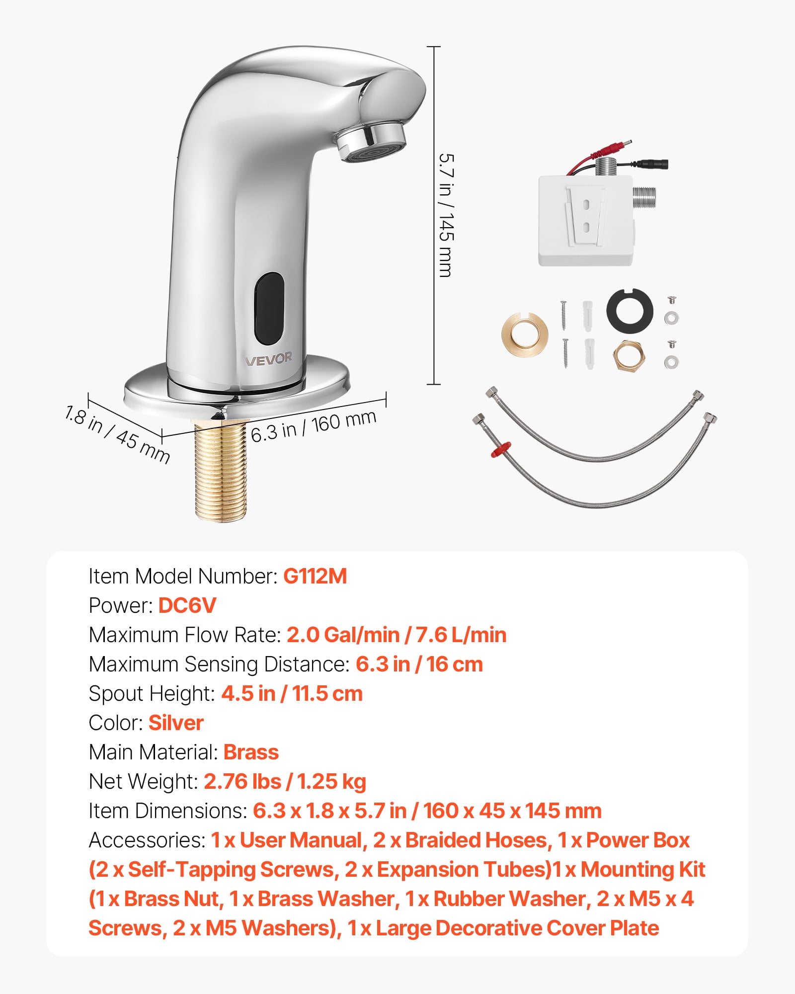 VEVOR Touchless Bathroom Sink Faucet, Automatic Motion Sensor Restroom Toilet Faucet Cold Water with Hole Cover Plate, Battery Operated for 9/16 in Pipe Commercial Lavatory,Chrome Plated Silver G112M