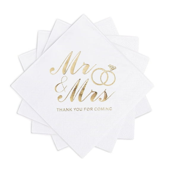 MyMealivos 100Pcs Wedding Napkins, 3-Ply Gold Foil Cocktail Napkins-White