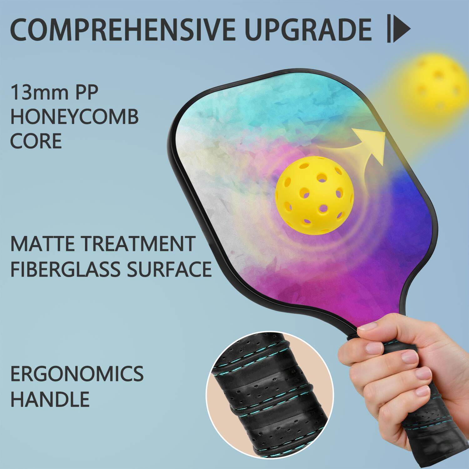Pickleball Paddles Set Of 2, Fiberglass Surface, Fluid Smoke Aurora Art Style, 4 Balls & Bag