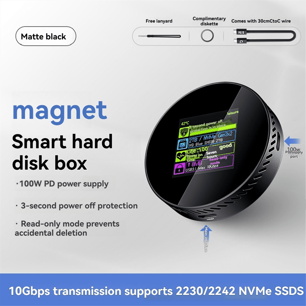 M.2 NVMe SSD Enclosure Magnetic Design 10Gbps Data Transfer 3s Power Protection 2TB Expanses PD Charging 100W