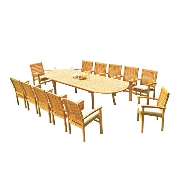 Grade-A Teak Dining Set: 12 Seater 13 Pc: 118" Oval Table And 12 Wave Stacking Arm Chairs Outdoor Patio WholesaleTeak #51WV2613