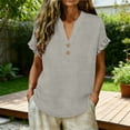 thumbnail image 3 of MOJOGO Women's Ruffle Short Sleeve Tops V Neck Linen Blouse Loose Quarter Button Up Shirts Loose Casual Summer Tops, 3 of 7