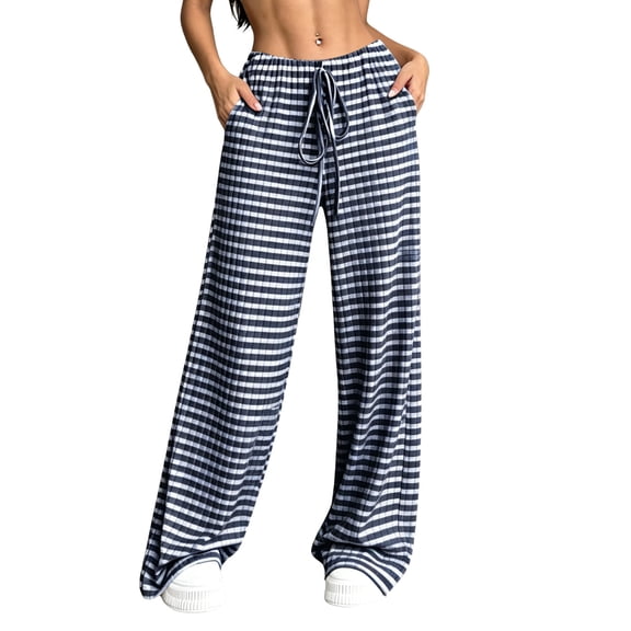 Cmfcve Women's Wide Leg Pants Elastic High Waisted Striped Casual Knit Palazzo Pants Drawstring Lounge Pajama Trousers