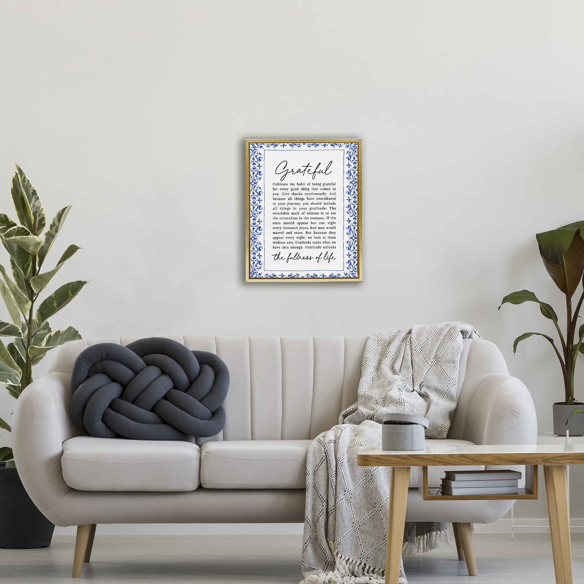 Gratitude Unlocks Fullness Of Life Gold Framed Floater Canvas Wall Art, design by Lettered and Lined