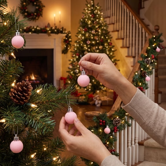 erdimoy 24‑Pack Mini Flocked Christmas Ball Ornaments Set, 0.78 Inch Soft Pink Small Hanging Baubles with Plastic Storage Box for Xmas Tree Decoration
