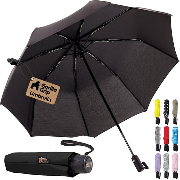 GORILLA GRIP Wind and Tear Resistant Compact Rain Umbrella, 11.5 inch Compact Size, Black