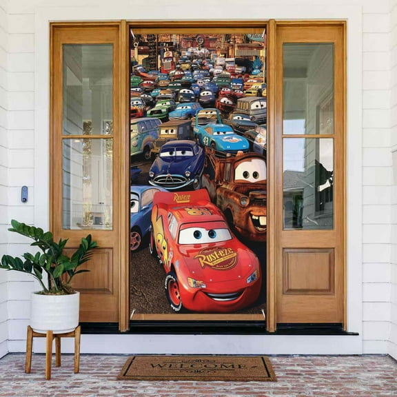 Lightning Mcqueen Door Cover Decorations Door Banner Porch Sign Banner For Indoor Outdoor Wall Home Party Supplies 72.8 x 35.4 Inch