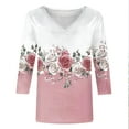 thumbnail image 7 of 3/4 Sleeve Flower T-Shirts Women V Neck Loose Fit Summer Tops Ladies Daily Casual Blouses Pink Tops,Size S-3XL, 7 of 7
