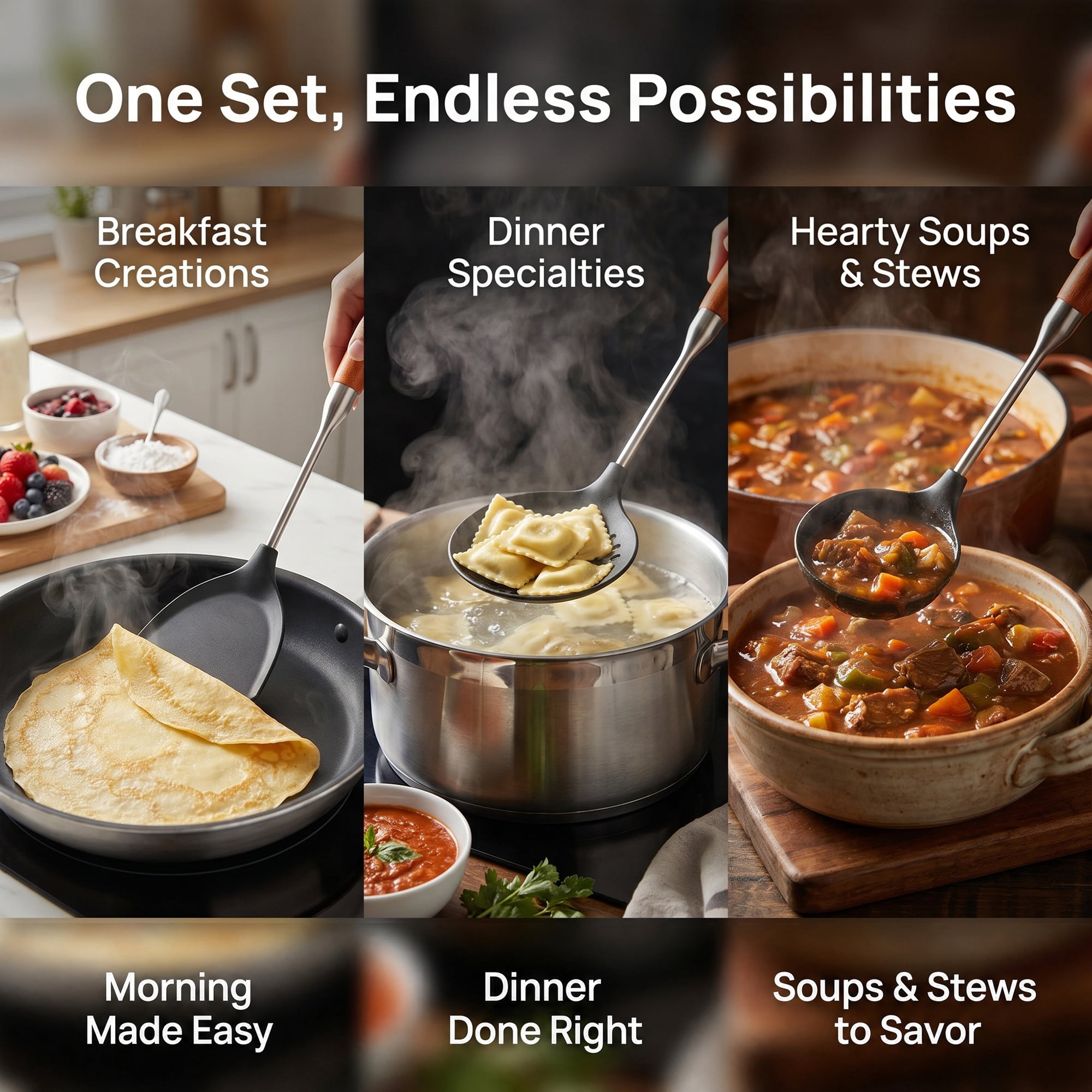 Unique Bargains Cooking Utensil Set, Stainless Steel Kitchen Utensils Black-Brown 4pcs